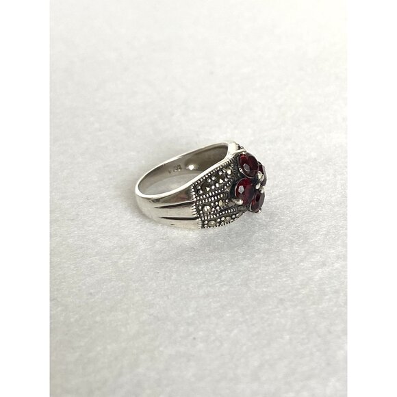 Sterling Silver 925 Multi Gemstone Garnet & Marcasite Floral Band Ring Sz 6.25 - Picture 8 of 16